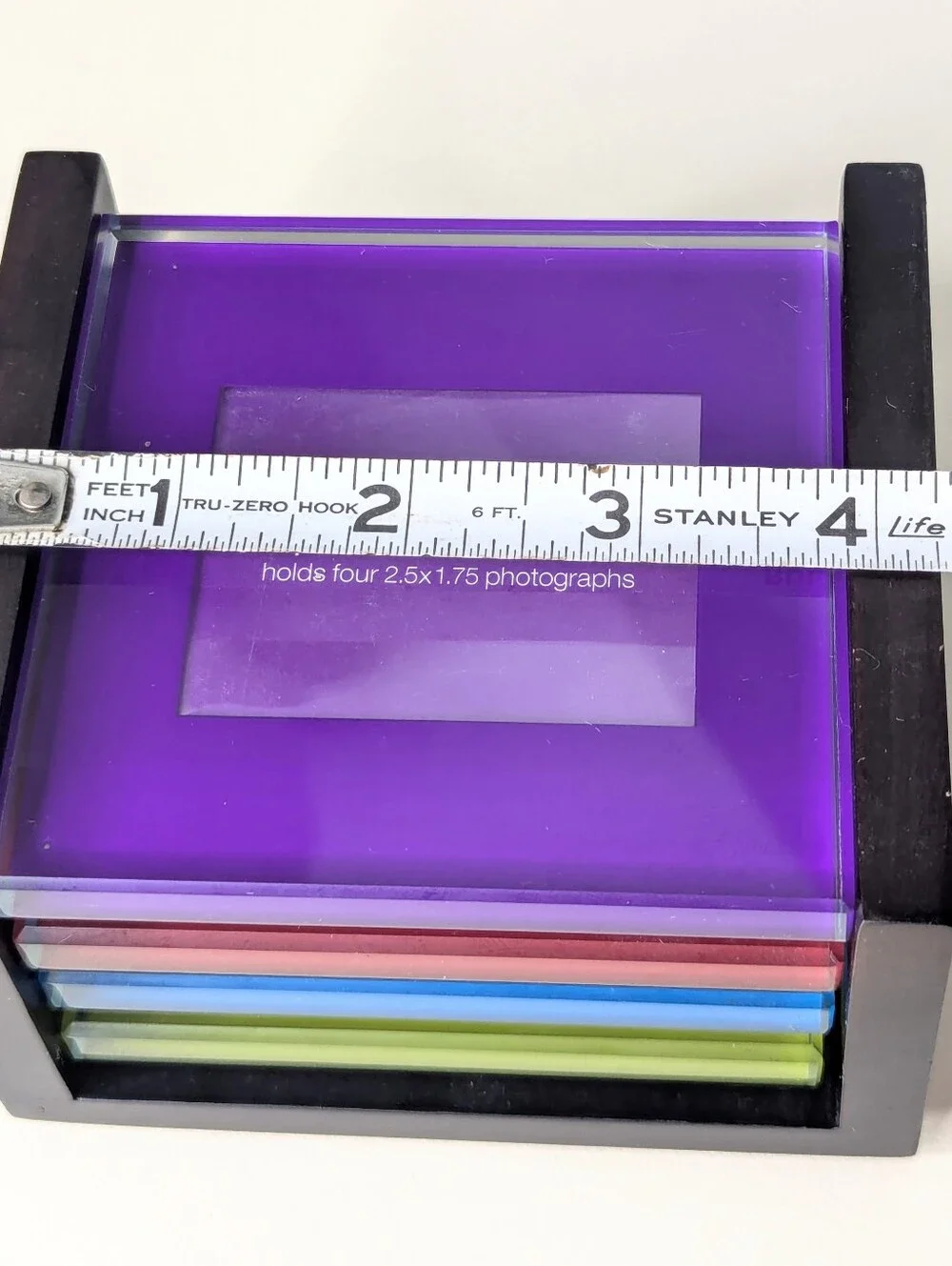 Crate&Barrel Colored Glass Picture Frame Coasters In Dark Wood Holder Set Of 4